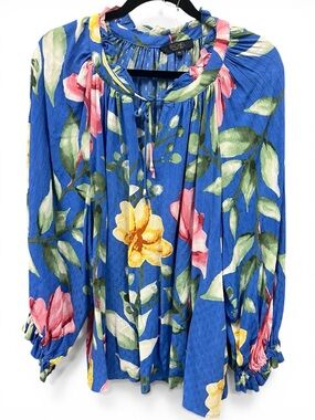RACHEL Rachel Roy Royal Blue Floral Tie-Neck Blouse